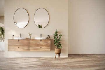 Minimalist Japandi bathroom with double wooden vanity, round mirrors, and freestanding tub. Bright...