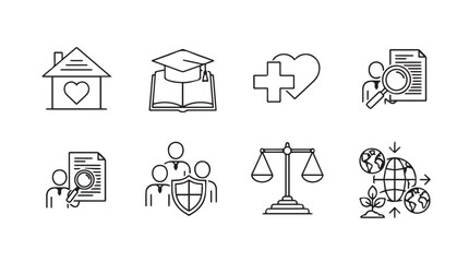Set of simple line art icons representing social services education health justice and global issues vector