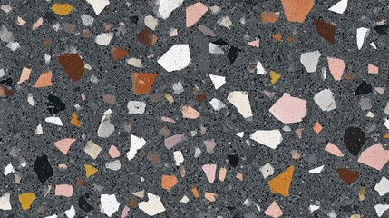 Modern terrazzo surface texture background with dark grey base and colorful stone inlays in white, pink, orange and brown for interior design, architecture, product mockups and branding visuals
