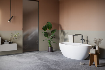 Minimalist Japandi bathroom interior featuring white bathtub, indoor greenery, and warm color walls. Elegant and photorealistic spa-inspired atmosphere. 3D render