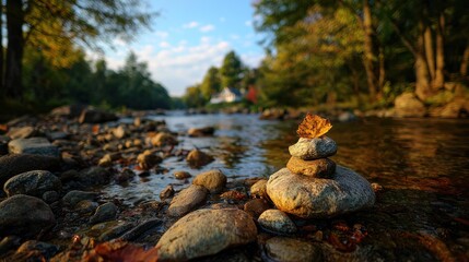 Stacked stones beside stream