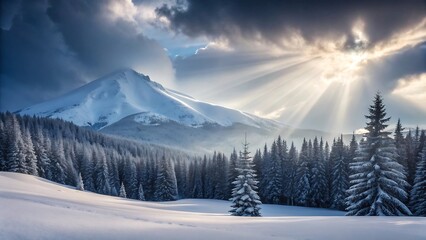 Fototapeta premium Majestic winter mountain landscape with snow covered pine forest and sunlight rays breaking clouds 