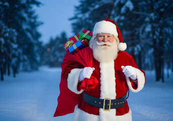Santa Claus Walking Through Winter Snowstorm with Gift Bag
