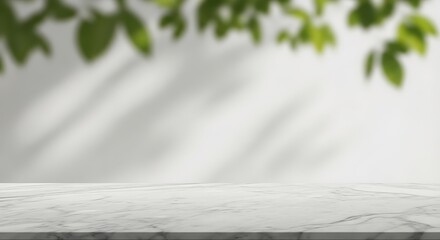 Elegant marble surface with blurred foliage casting soft shadows on a clean white wall creating a serene and minimalist backdrop for product displays