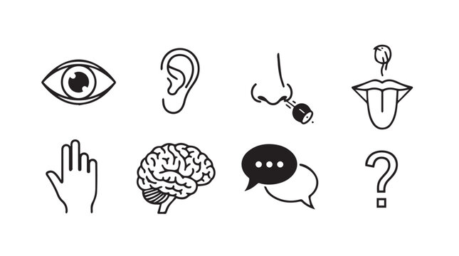 Set of five senses icons including eye ear nose mouth hand brain speech bubbles and question mark vector