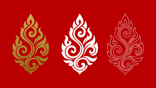 Thai Kanok Flame Motif Set Solid, Outline, and Inverse Styles