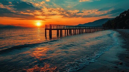 Sunset at the Sea with Silhouette Bridge Summer Nature Background, Tranquil and Beautiful.