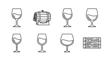 Set of stylized hand drawn wine glasses barrels and tasting notes icons for beverage and hospitality vector