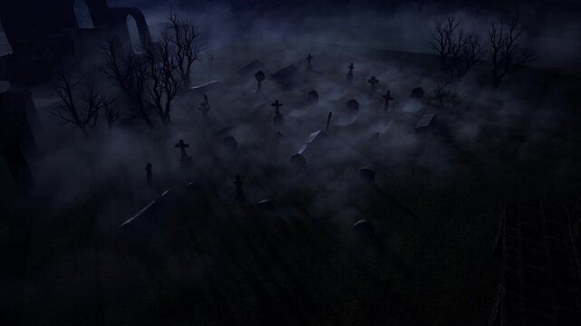 An old abandoned cemetery with empty graves next to ancient ruins. Halloween. 3D rendering.