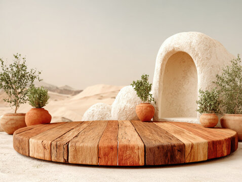 Desert Stage for Presentation: A captivating desert scene showcases a wooden stage, perfect for product display, with a backdrop of an earthen dwelling.