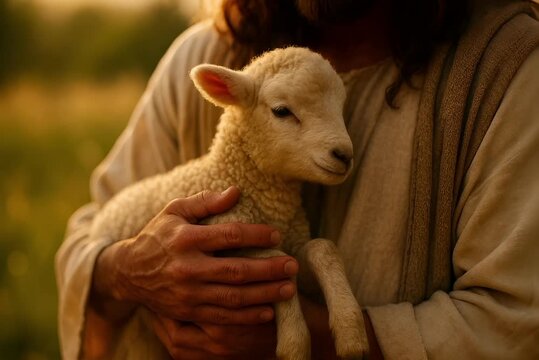 Close-Up of Jesus Christ&rsquo;s Hands Gently Holding a Lamb: The Lamb of God