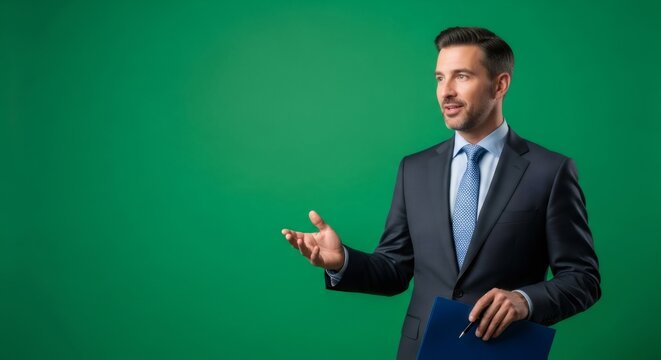 Businessman presenter speaking on green screen. Man holding document. Chromakey background for virtual production. - Powered by Adobe