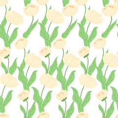 A seamless pattern of light yellow flowers with green stems and leaves on a white background