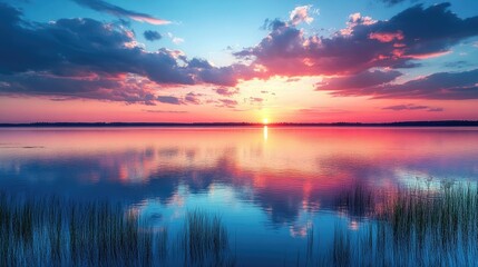 Sunset on the lake with vibrant colors reflecting in the water, creating a peaceful natural scene.