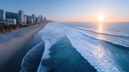 Coastal City Skyline at Sunset with Beachfront and Ocean View in Cinematic HDR Aerial Perspective