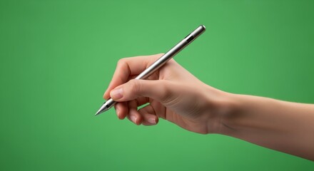 Woman caucasian hand holding digital pen in writing position isolated on green screen. Interactive technology chroma key effect.