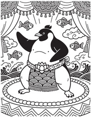 Penguin Sumo Wrestling Coloring Page with Fighting Ring Fish Waves and Fantasy Japanese Style Printable Line Art