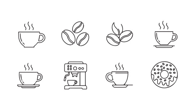 Collection of coffee icons hot beverage cup machine beans and donut hand drawn style vector