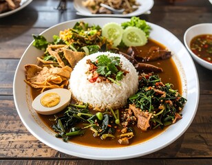 A plate of rice with various savory dishes