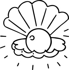 A black and white line drawing of a seashell holding a pearl