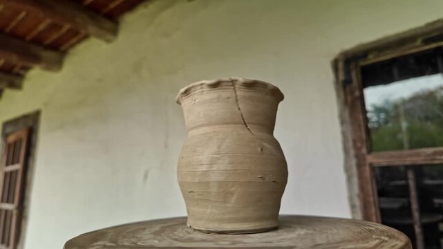 Traditional handmade Clay Pot Revolving on old rustic Turntable
