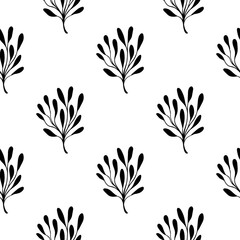 A black and white repeating pattern of stylized plant sprigs
