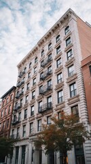 Fototapeta premium Historic urban building with fire escapes and detailed architecture