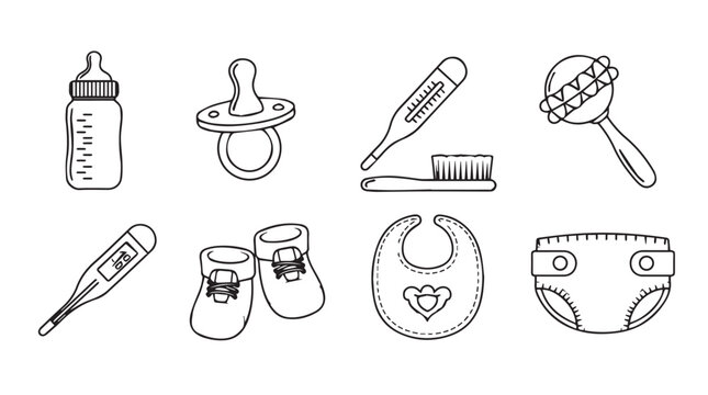 Hand drawn baby essentials collection icons for newborn care and childhood needs vector