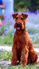 A reddish-brown dog sitting outdoors
