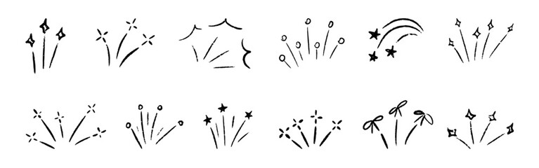 Confetti burst doodle line drawing set. Sketch festive surprise firework explosion effect with blinking star, bow, firecracker sparks. Vector illustration of hand drawn celebration decor for party