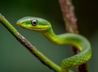 Fototapeta premium Vibrant close-up of a small green snake slithering, showcasing nature's beauty and intricate details, perfect for wildlife enthusiasts and educational projects.