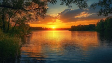 Sunset over a lake with trees and natural elements, showcasing a serene and beautiful landscape.