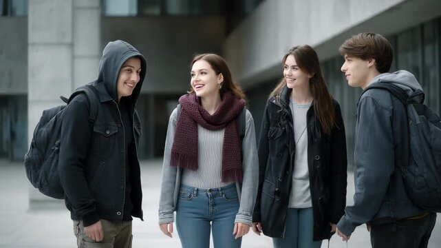 Group of five university students with backpacks walking together on campus during a sunny day