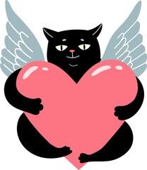 A black cat with wings holds a large pink heart
