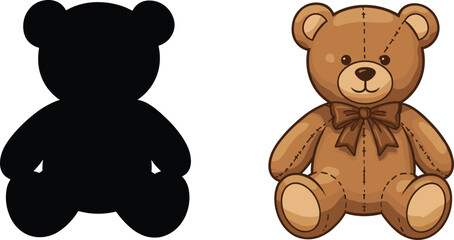 Teddy Bear Silhouette and Detailed Vector Set Featuring Cute Plush Toy for Childhood, Gift, Nursery, and Decorative Design Themes
