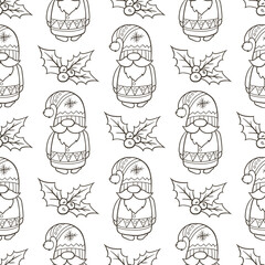 A black line drawing of a repeating pattern of gnomes and holly