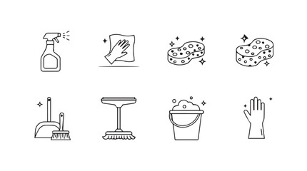 Set of hand drawn cleaning supplies icons for a sparkling home environment vector © MstMili