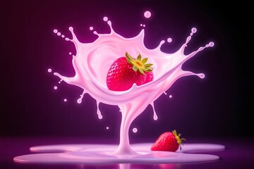 Professional product concept showing strawberries and milk in dynamic motion for commercial use.
