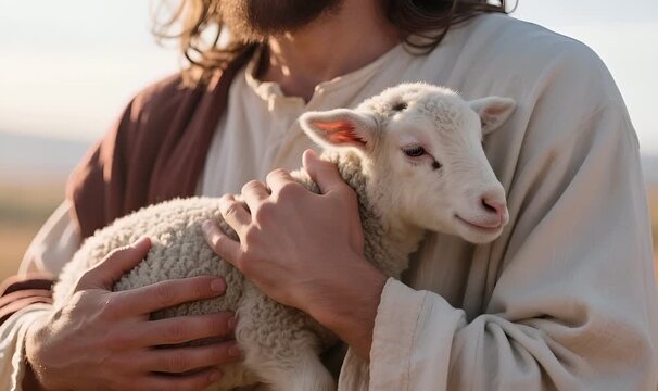 Close-Up of Jesus Christ&rsquo;s Hands Gently Holding a Lamb: The Lamb of God