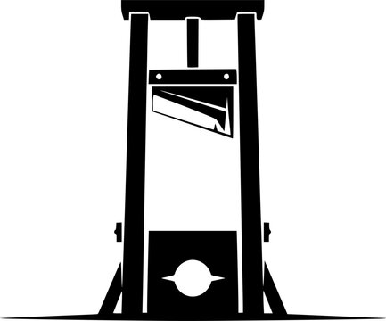 A stylized black guillotine, centered, white negative space, sharp angles