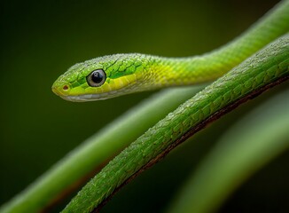 Fototapeta premium Intimate close-up reveals a tiny vibrant green snake gracefully slithering, its scales shimmering with life, a captivating moment of natural wonder captured in stunning detail for your projects.