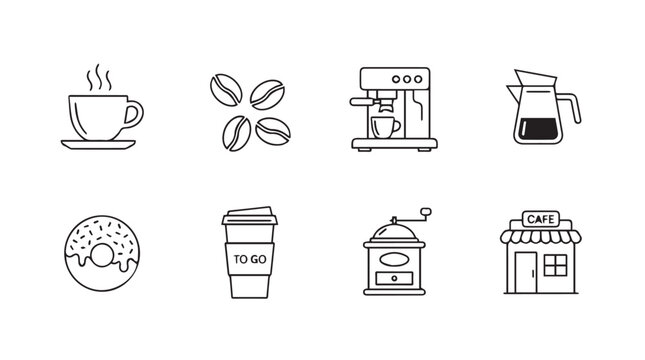 Collection of hand-drawn coffee shop icons featuring cup beans machine donut and storefront vector