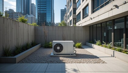 Modern HVAC Outdoor Air Conditioning Unit on Urban Building Rooftop Terrace with Concrete Walls, Sustainable Cooling System and City Background