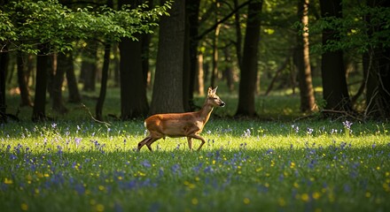 Fototapeta premium Deer walking forest meadow
