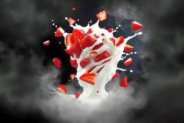 Creative composition of a strawberry tornado with milk splashes, isolated on black for strong contrast.