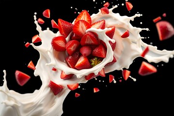 Creative composition of a strawberry tornado with milk splashes, isolated on black for strong contrast.