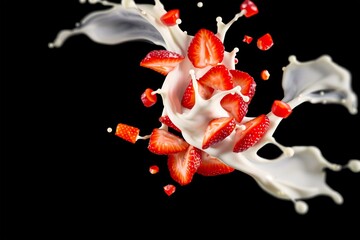Dynamic 3D render of strawberry slices swirling with splashes of milk against a solid black background.
