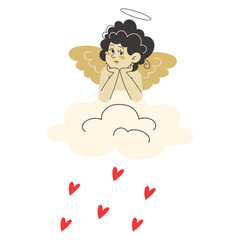 A cartoon cherub on a cloud raining hearts