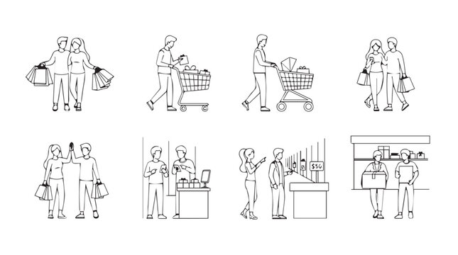 Diverse group of people shopping and interacting in various store settings line art vector
