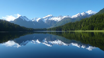 Naklejka premium Stunning mountain vista reflects in clear lake surrounded by lush green forest
